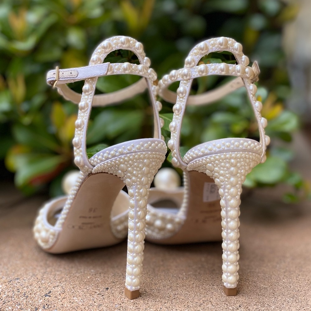 New Jimmy Choo Sacora 100 White Satin Sandals with All Over Pearls 36 - Picture 10 of 17